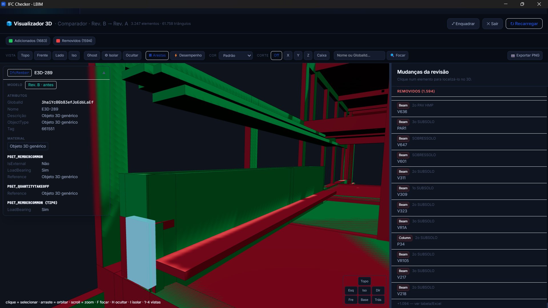 Comparação de versões em 3D — adicionados em verde, removidos em vermelho