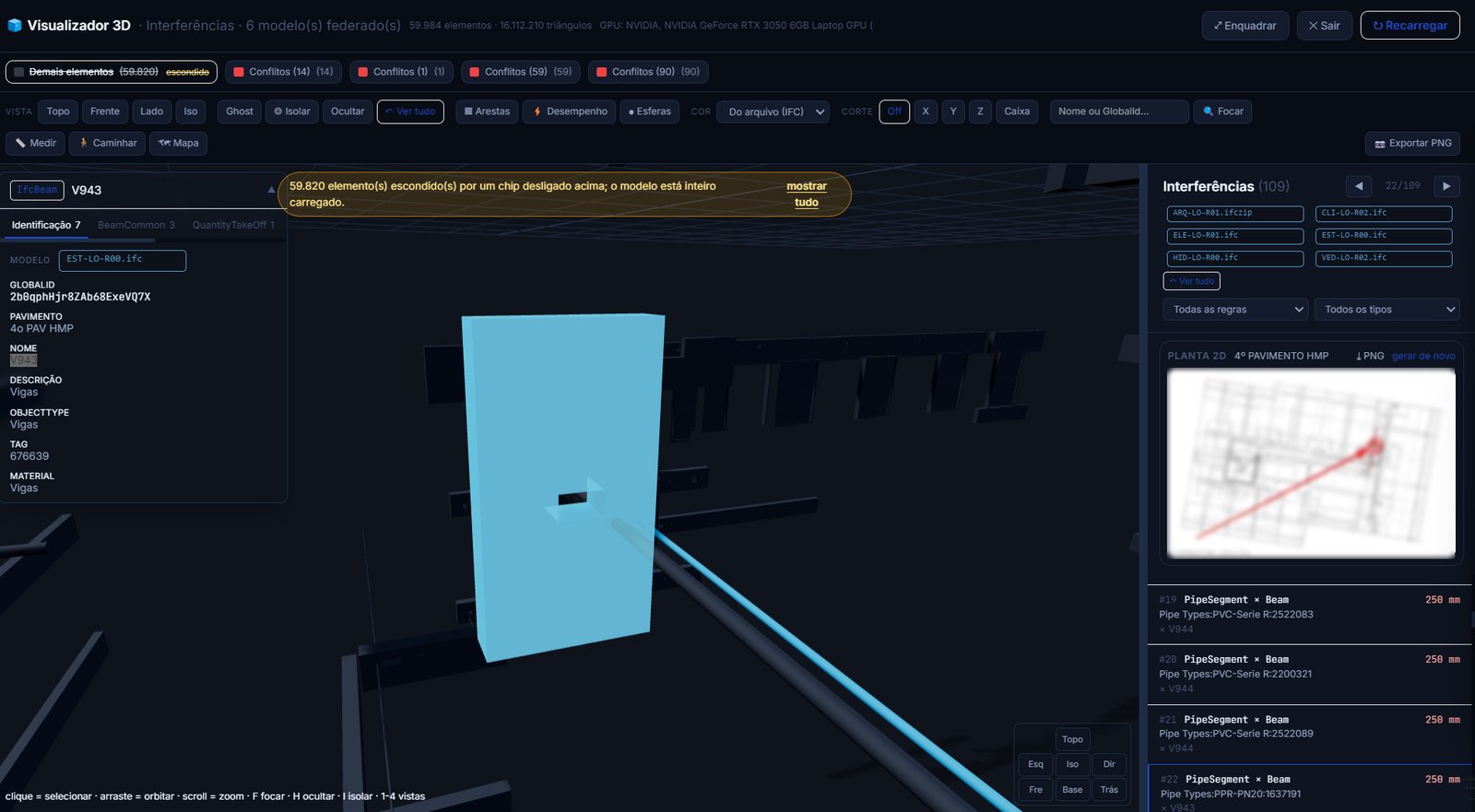 Federar e Apontar: 6 modelos federados, elemento selecionado no 3D e planta 2D do pavimento com o ponto marcado