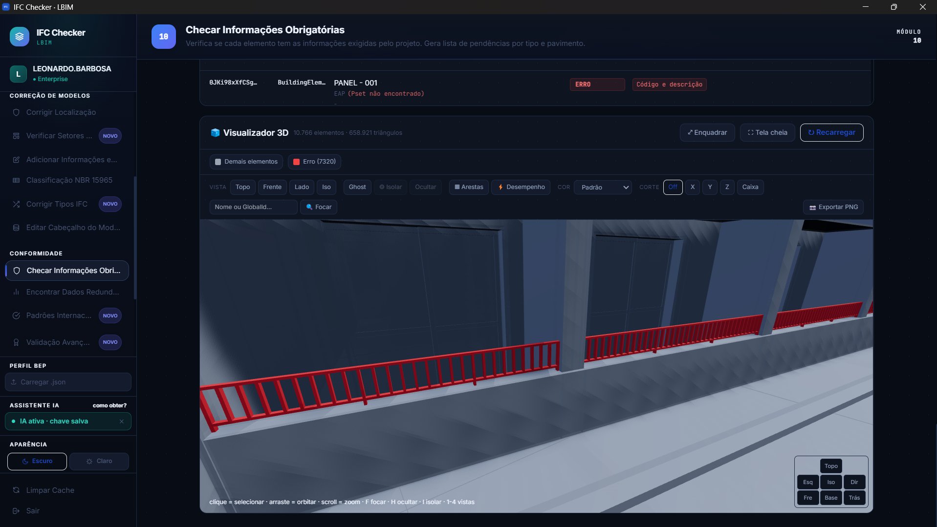 IFC Checker Desktop — visualizador 3D com 10.766 elementos e 7.320 erros de validação destacados em vermelho